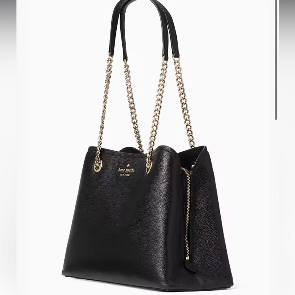 Kate Spade Large Black Leather Tote Bag with Gold Chain Laptop Compartment - Picture 5 of 12